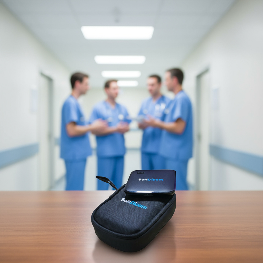 SoftDicom device with protective case for cardiology imaging